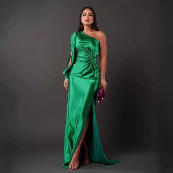 Women's One-shoulder Split Dress Ins Fashion Long-sleeved Slim Long Dresses Party Evening Clothing - Image 8